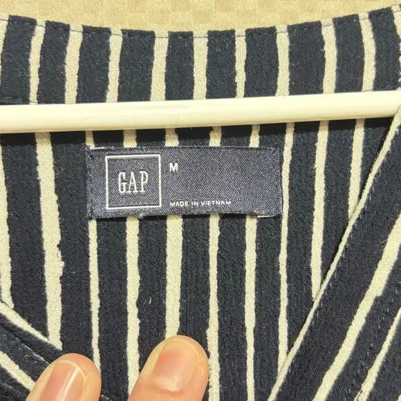 GAP M Navy White Vertical Stripe Wrap Dress Midi Long Sleeve V-Neck Tie Waist - Picture 4 of 7